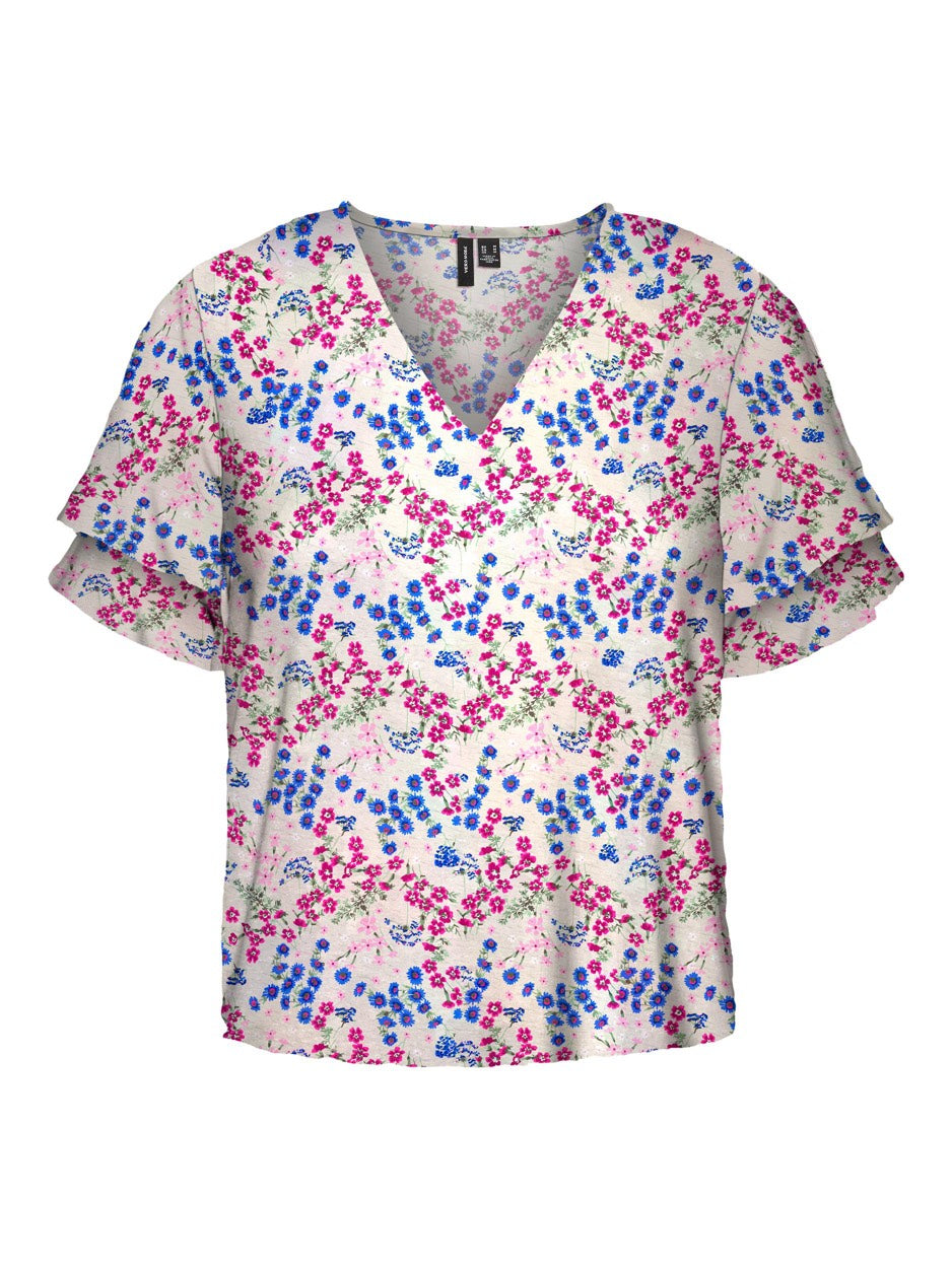Vmutilla S/s V-neck Top Wvn Btq - Wit Dessin