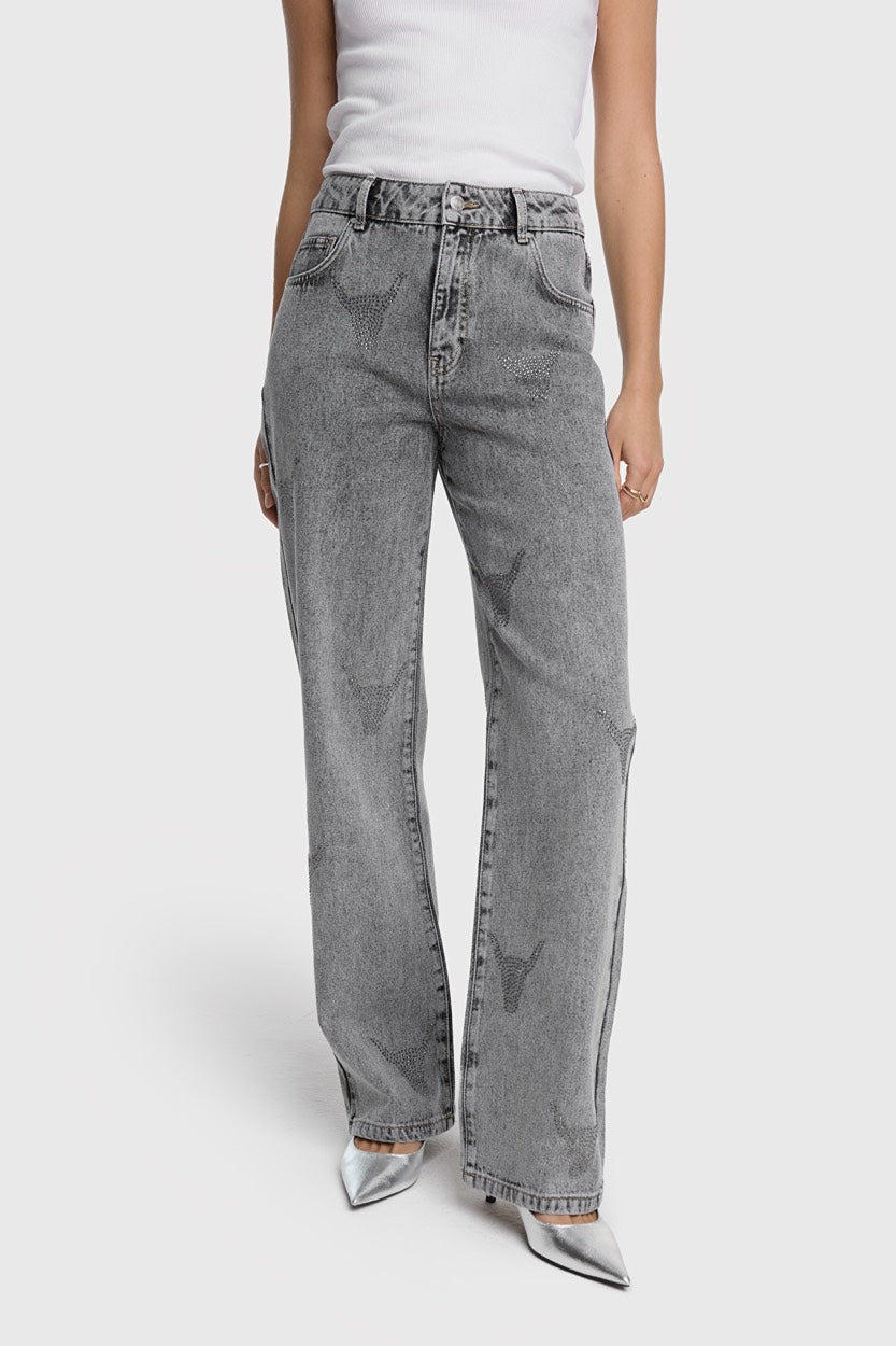 Ladies Woven Stras Bull Pants - Grey Denim