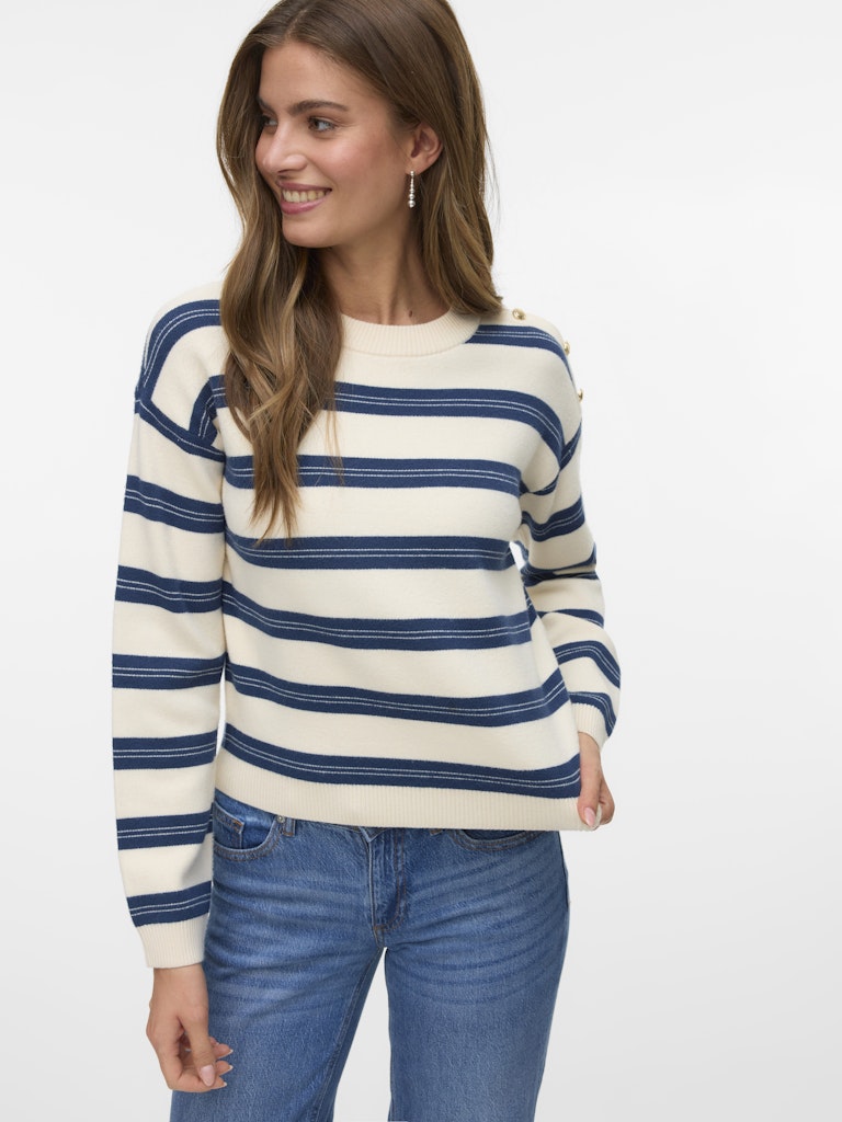 Vmgold Stripe Ls O-neck Pullover - Ecru Dessin