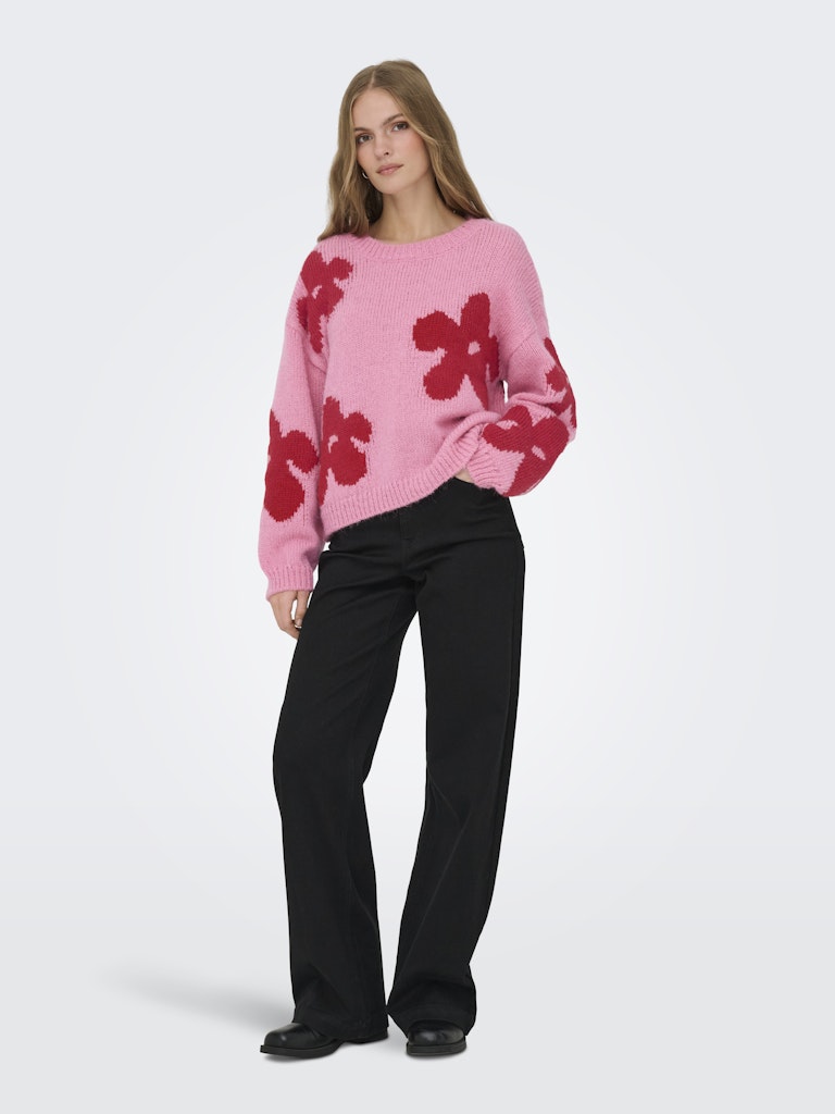 Onlbootle Life Ls Flower O-neck Knt - Roze Dessin
