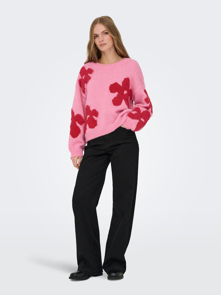 Onlbootle Life Ls Flower O-neck Knt - Roze Dessin