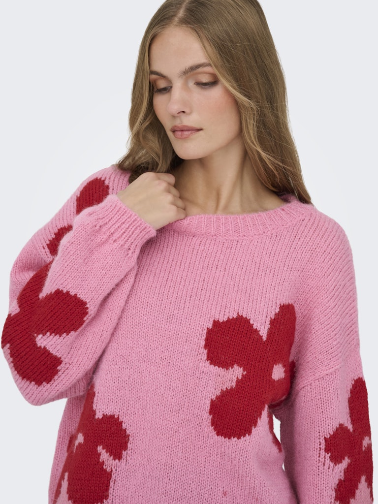 Onlbootle Life Ls Flower O-neck Knt - Roze Dessin