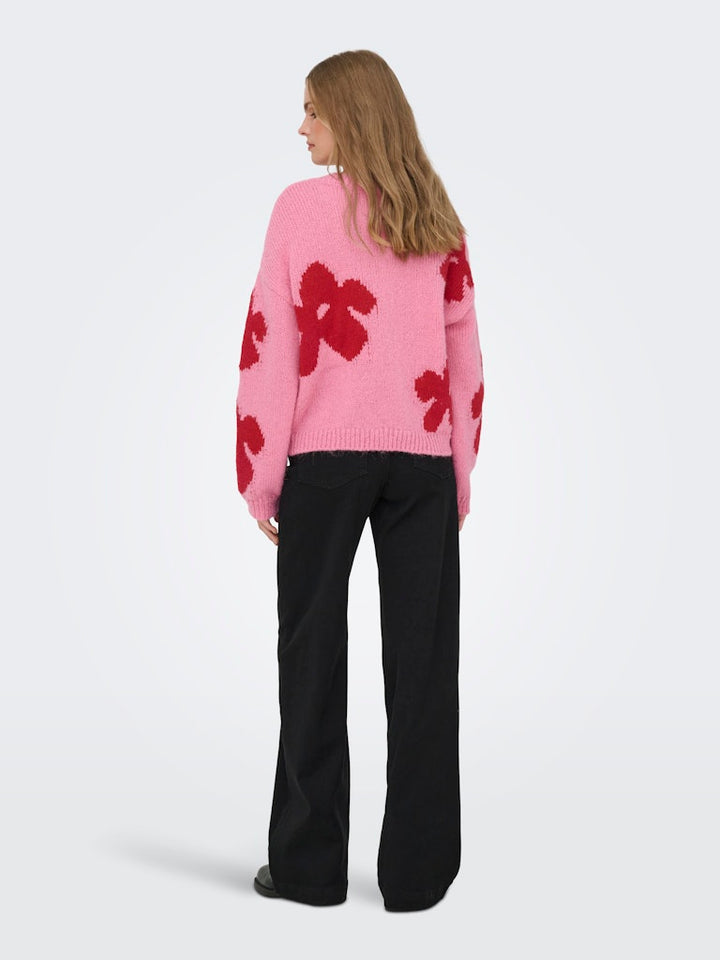 Onlbootle Life Ls Flower O-neck Knt - Roze Dessin
