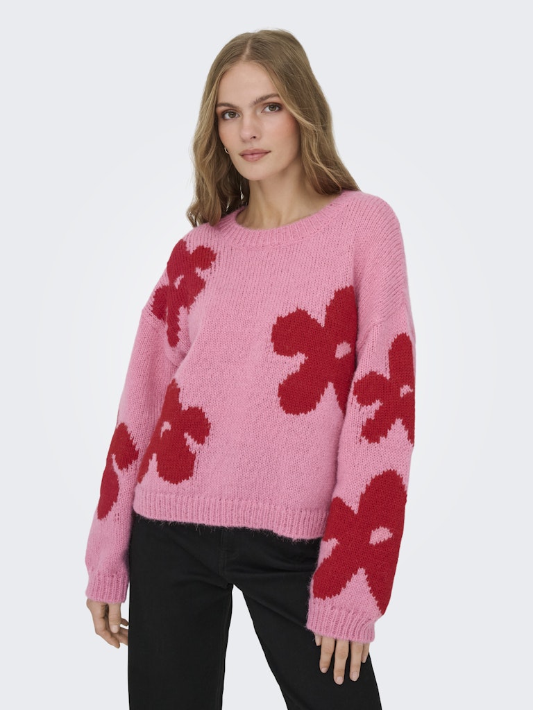 Onlbootle Life Ls Flower O-neck Knt - Roze Dessin
