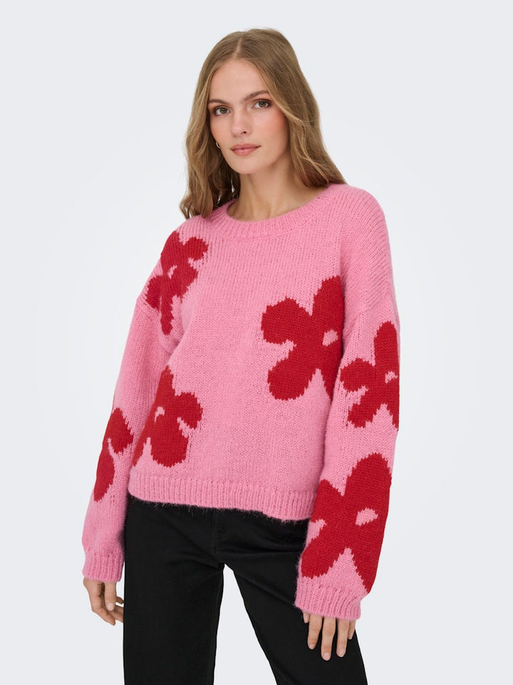 Onlbootle Life Ls Flower O-neck Knt - Roze Dessin