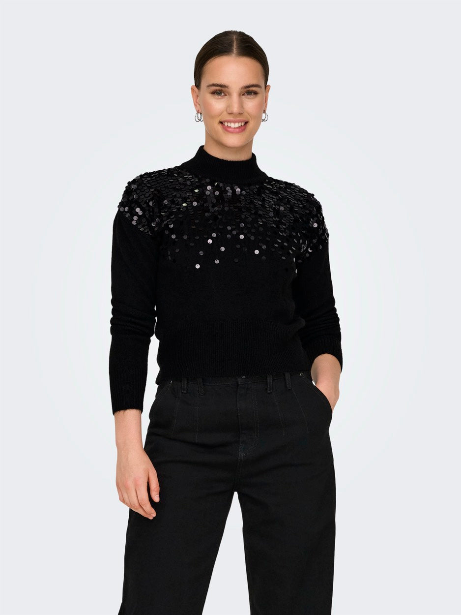 Onlalba Ls Sequins High Neck Knt - Zwart