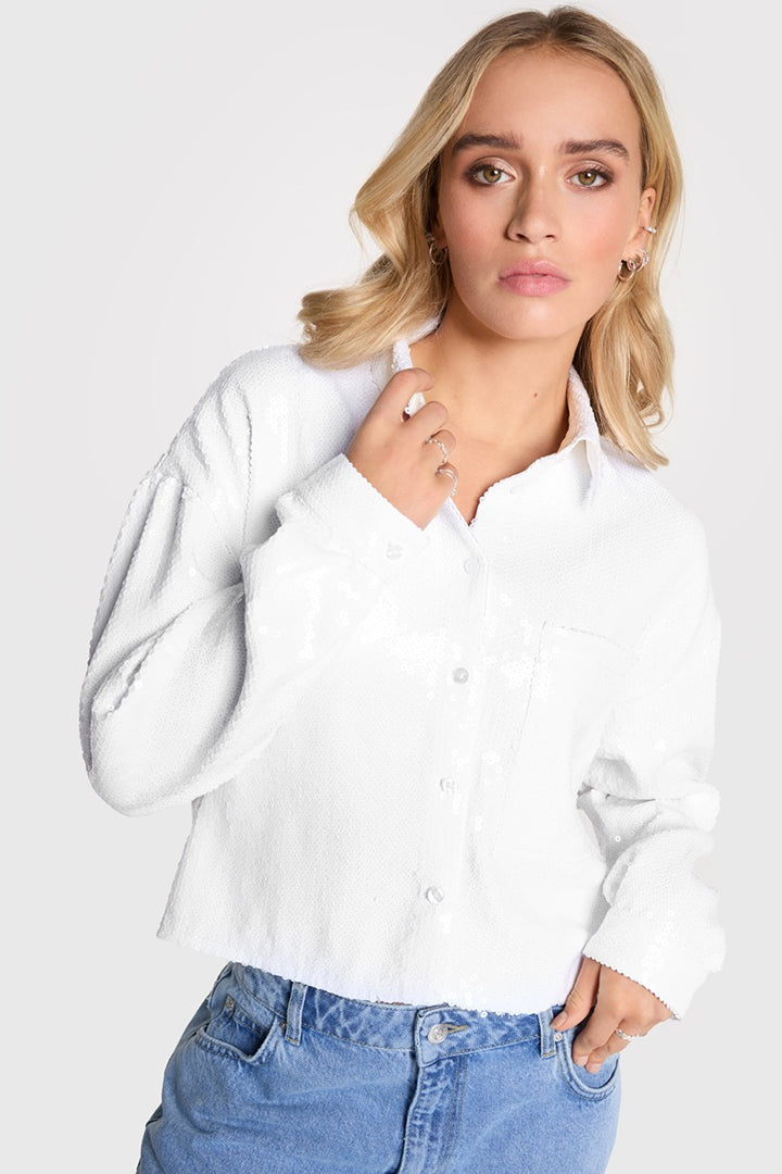 Ladies Woven Sequims Cropped Blouse - Off-white