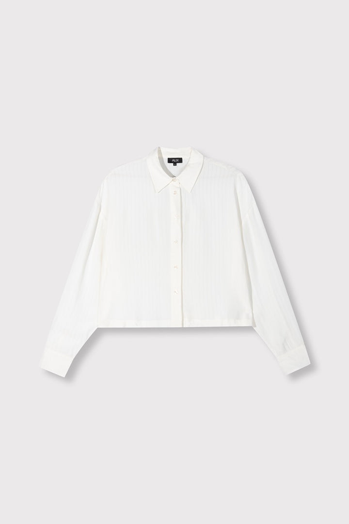 Ladies Woven Stripy Cropped Blouse - Off-white