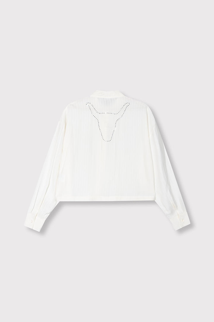 Ladies Woven Stripy Cropped Blouse - Off-white