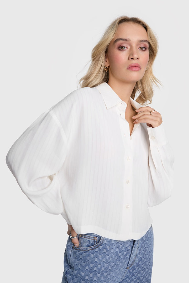 Ladies Woven Stripy Cropped Blouse - Off-white