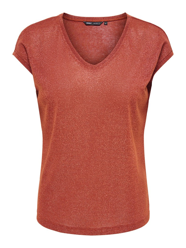 Onlsilvery S/s V Neck Lurex Top Jrs Noos - Brique
