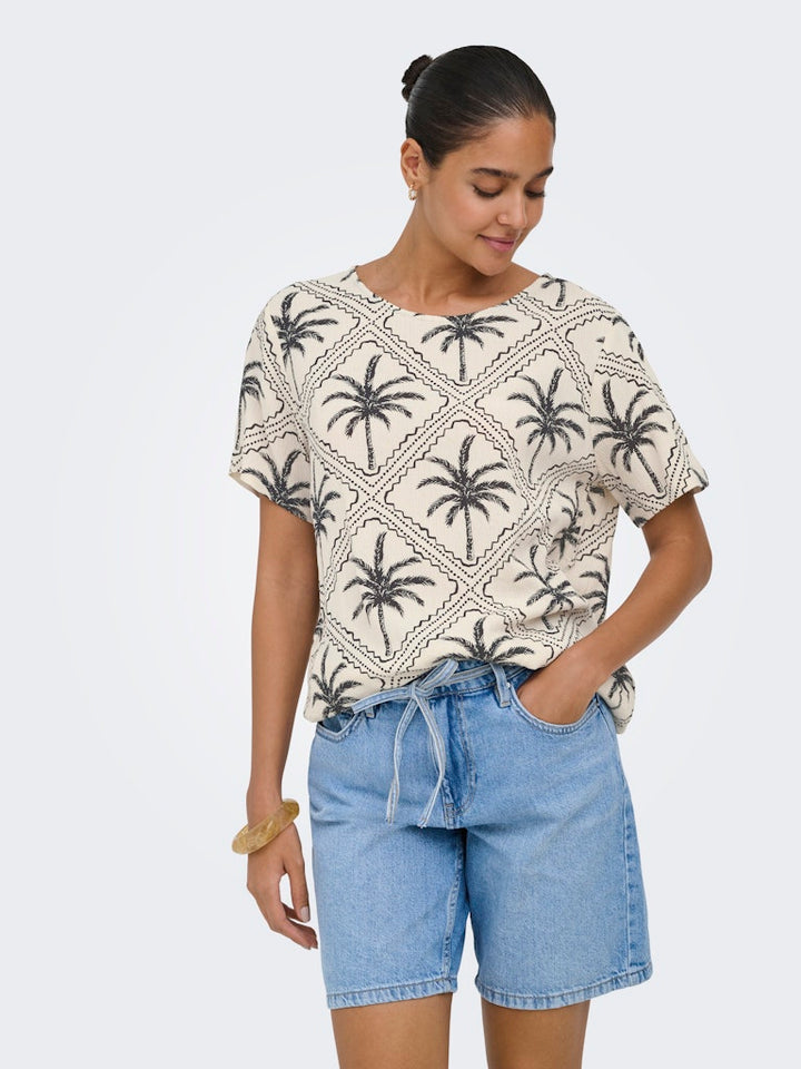 Jdygaby Life S/s V-neck Top Wvn - Ecru Dessin