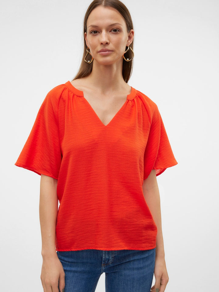 Vmvictoria S/s V-neck Top Wvn Btq G - Rood