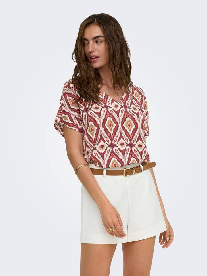 Onlbelly Mikasi Ss V-neck Top Wvn Ex - Rood Dessin