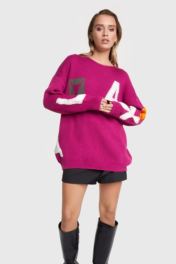 Ladies Knittet Artwork Pullover - Fuchsia