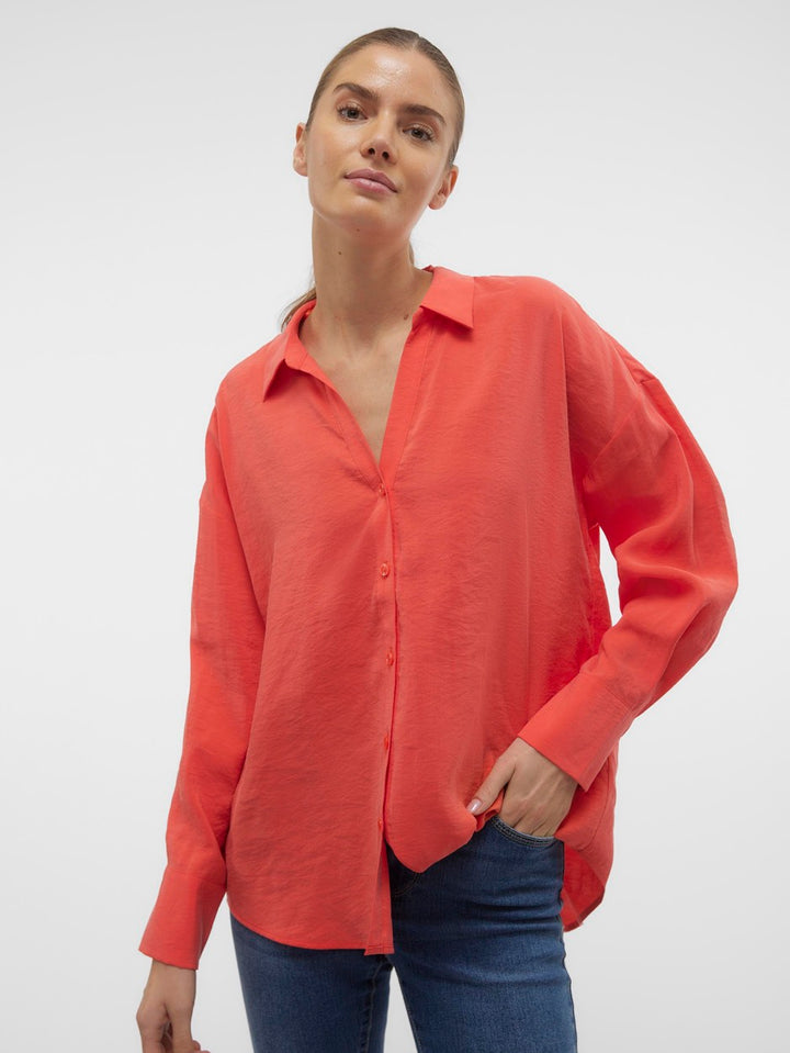 Vmqueeny Ls Oversize Shirt Wvn Ga N - Koraal Rood