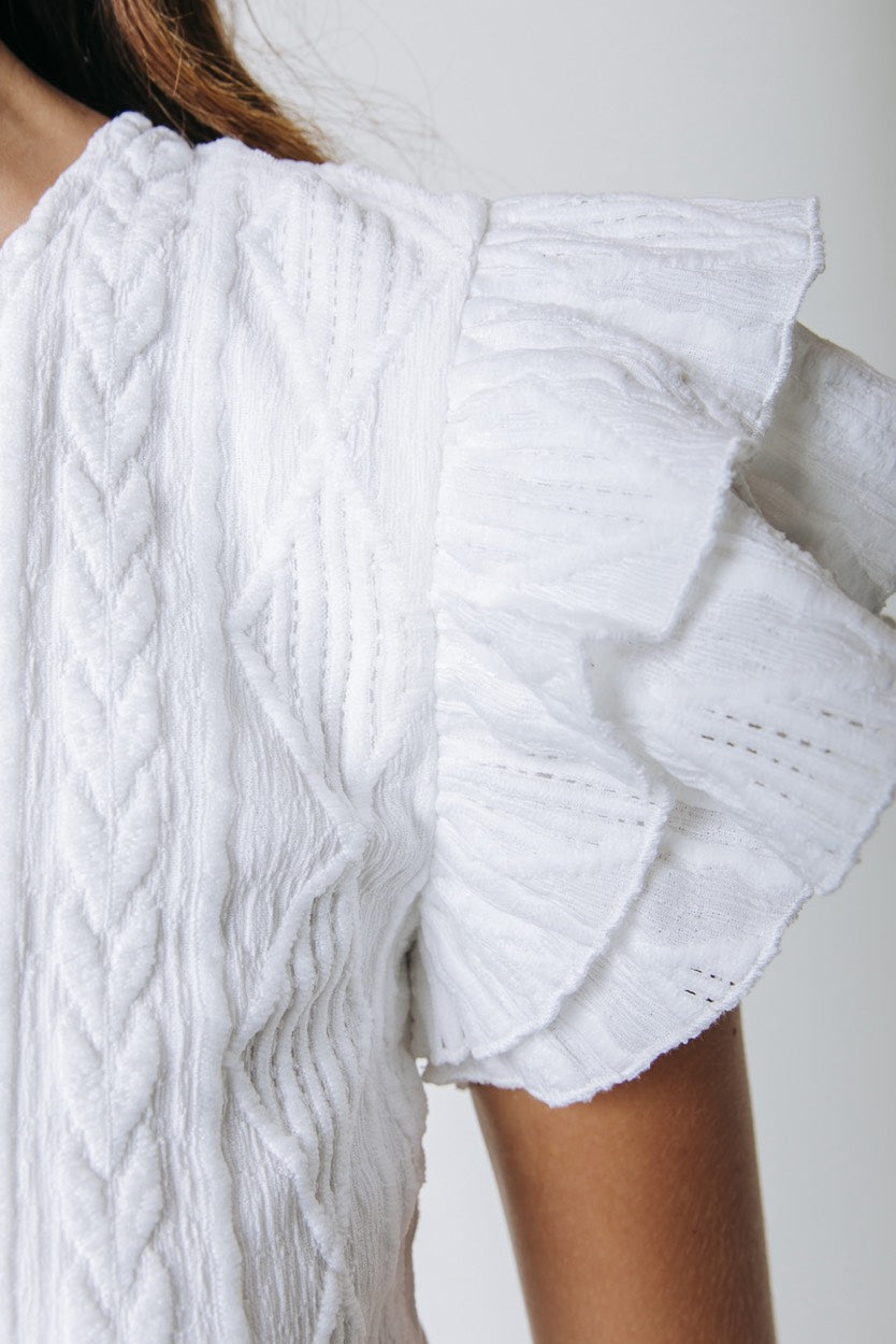 Una Brodery Ruffle Sleeve Top - Off-white