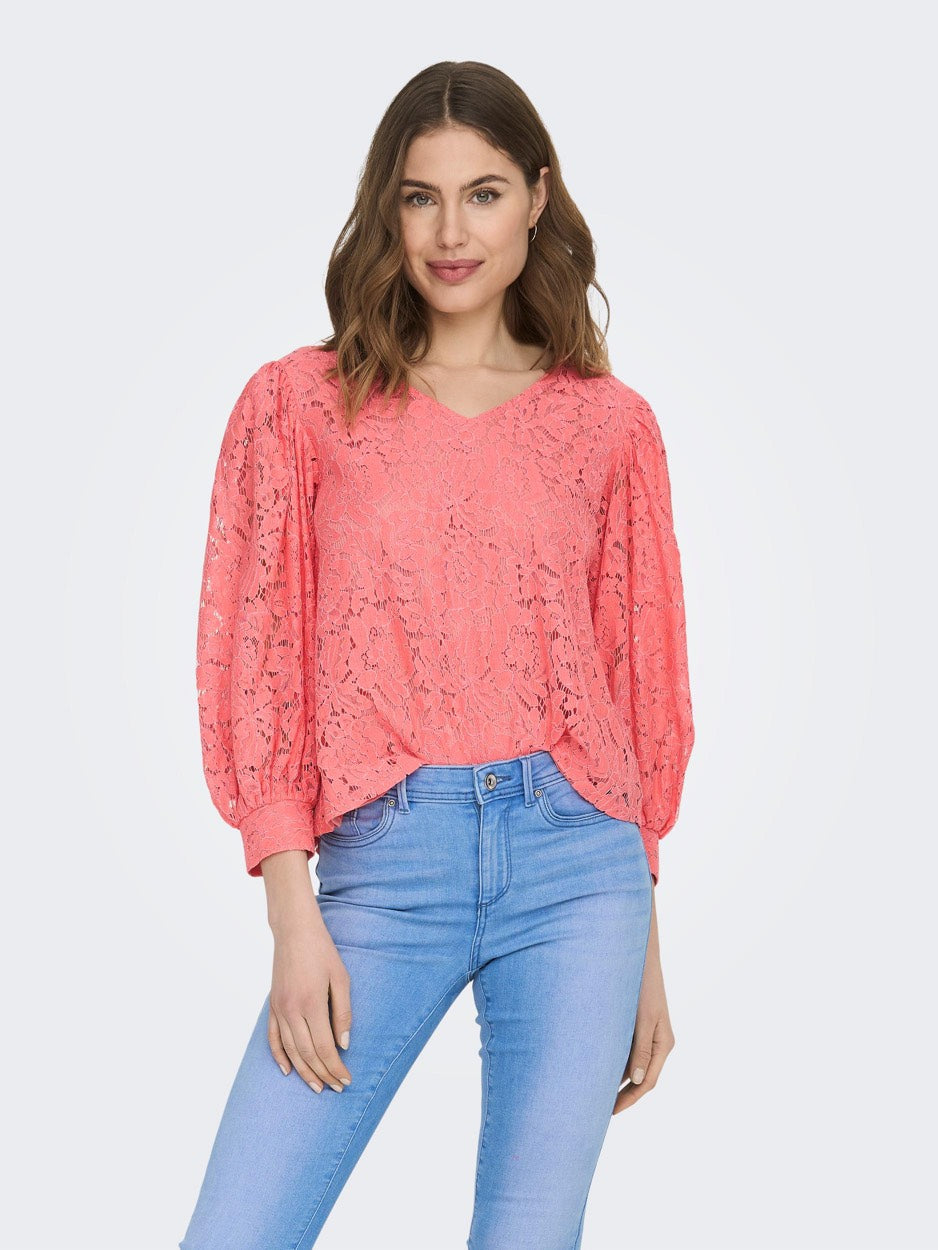 Onlbina Yrsa Lace V-neck Top Wvn - Koraal Rood