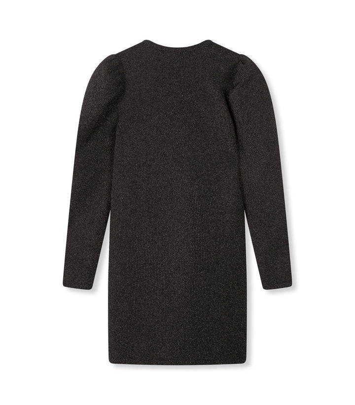 Mira Ladeis Knitted Lurex Rib Puff Shoulder Dress - Zwart Dessin
