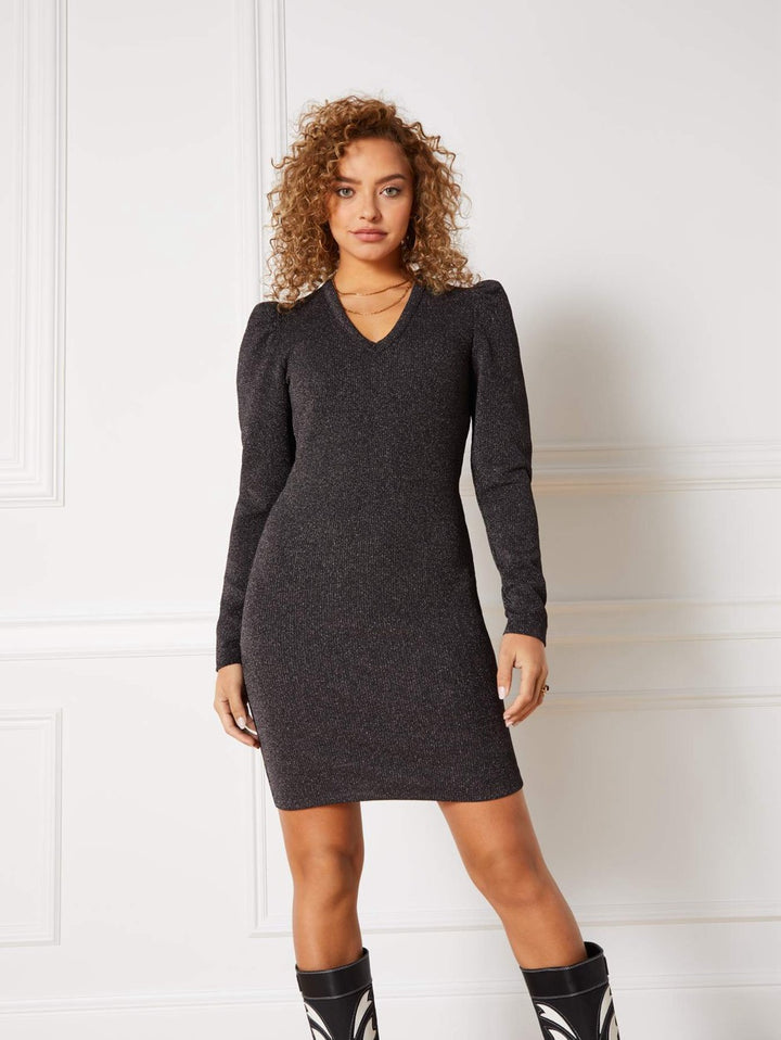 Mira Ladeis Knitted Lurex Rib Puff Shoulder Dress - Zwart Dessin